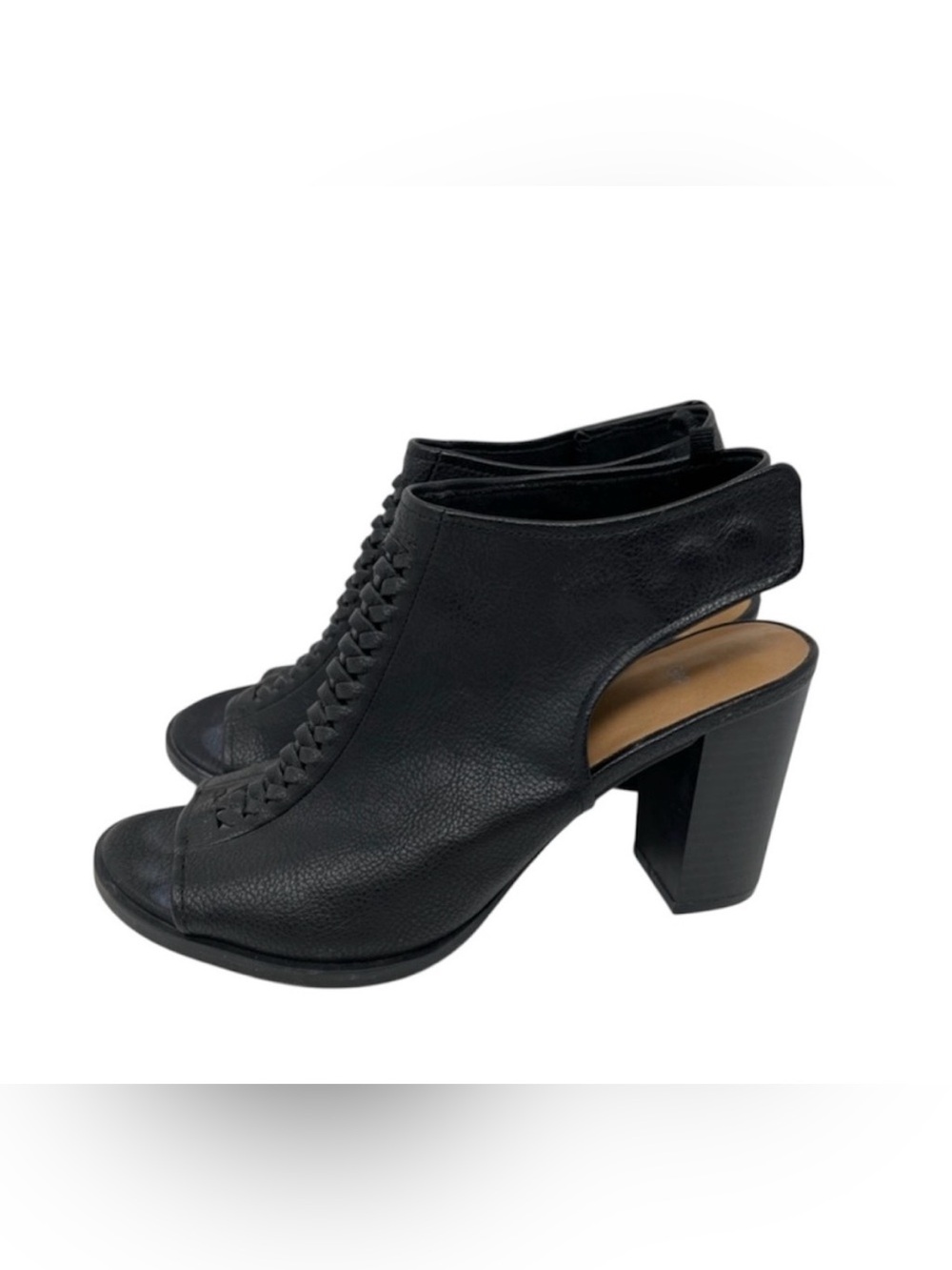 Peep Toe Black Open Toe Block Heel Booties with braid accent size 7
